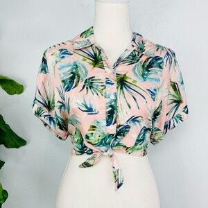 Tori Praver Front Knot Crop Leaf Floral Button Down Collar Beach Blouse